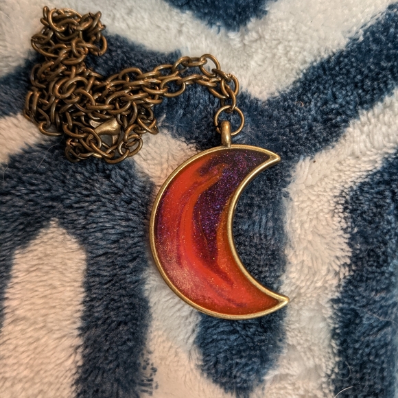 Crescent Moon Bronze Necklace Handmade Resin Artisan Hand Crafted Jewelry - Picture 3 of 9